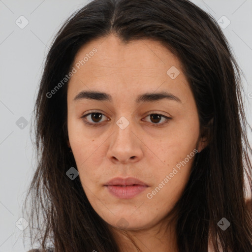 Neutral white young-adult female with long  brown hair and brown eyes