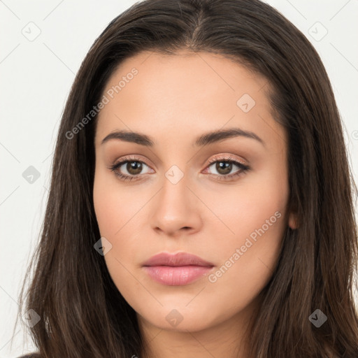 Neutral white young-adult female with long  brown hair and brown eyes