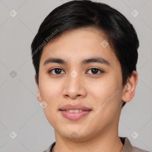 Joyful asian young-adult female with short  black hair and brown eyes