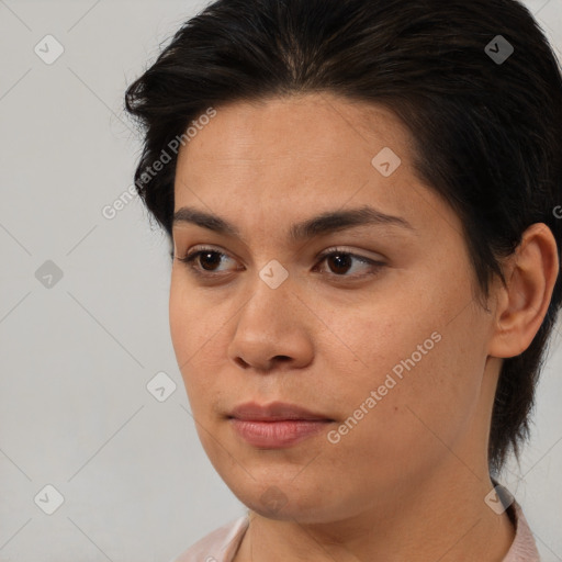 Neutral asian young-adult female with medium  brown hair and brown eyes