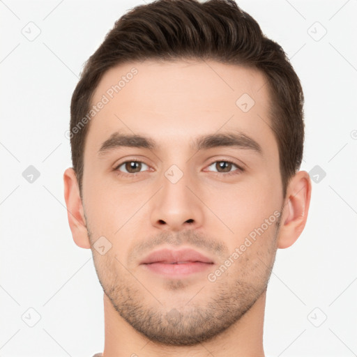 Neutral white young-adult male with short  brown hair and brown eyes