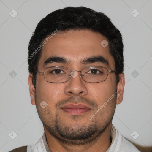 Neutral latino young-adult male with short  black hair and brown eyes