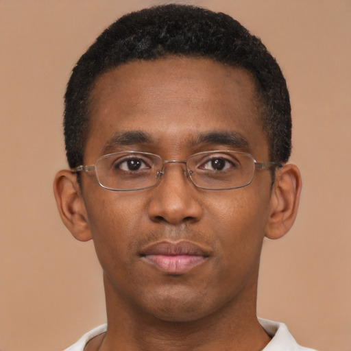 Neutral black young-adult male with short  black hair and brown eyes