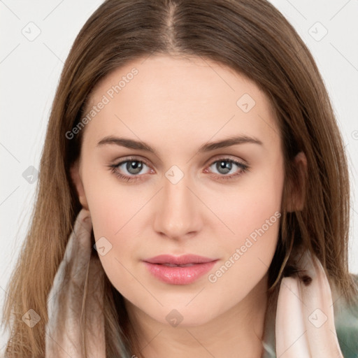 Neutral white young-adult female with long  brown hair and brown eyes