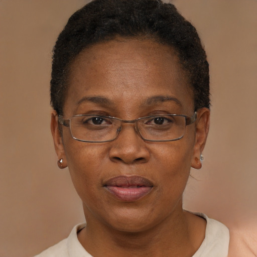 Joyful black adult female with short  brown hair and brown eyes