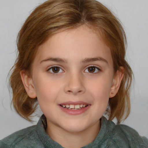 Joyful white child female with medium  brown hair and brown eyes