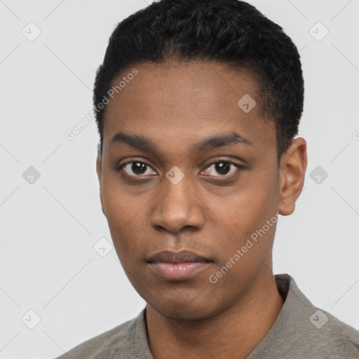 Neutral black young-adult male with short  black hair and brown eyes