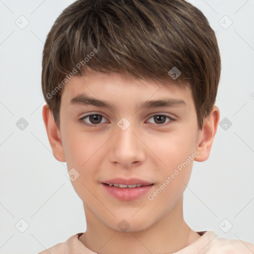 Joyful white child male with short  brown hair and brown eyes