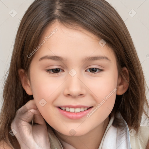 Joyful white child female with medium  brown hair and brown eyes