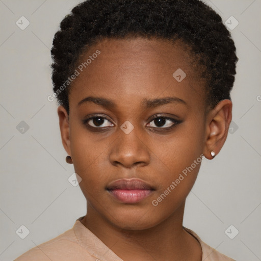 Neutral black young-adult female with short  brown hair and brown eyes