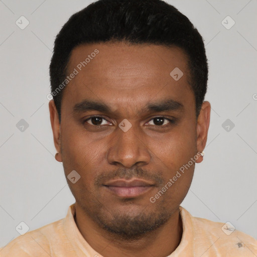 Neutral latino young-adult male with short  black hair and brown eyes