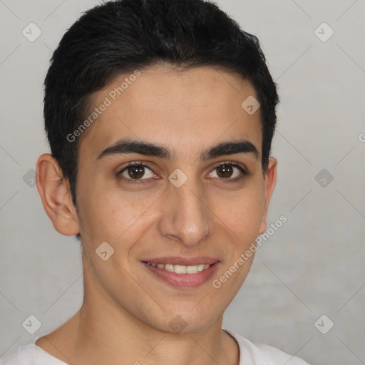 Joyful latino young-adult male with short  brown hair and brown eyes