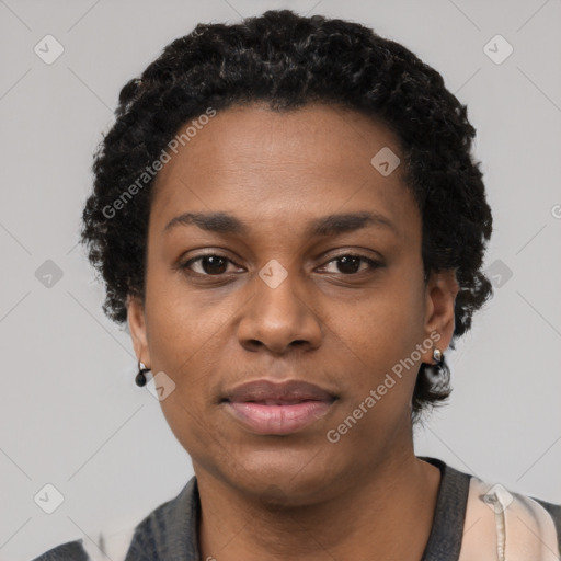 Neutral black young-adult female with short  black hair and brown eyes