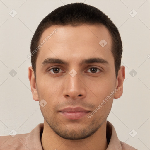 Neutral white young-adult male with short  brown hair and brown eyes