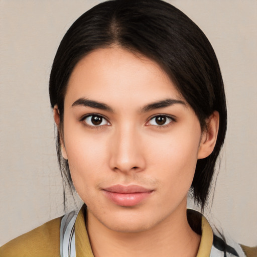 Neutral asian young-adult female with medium  black hair and brown eyes