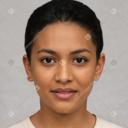 Joyful latino young-adult female with short  brown hair and brown eyes