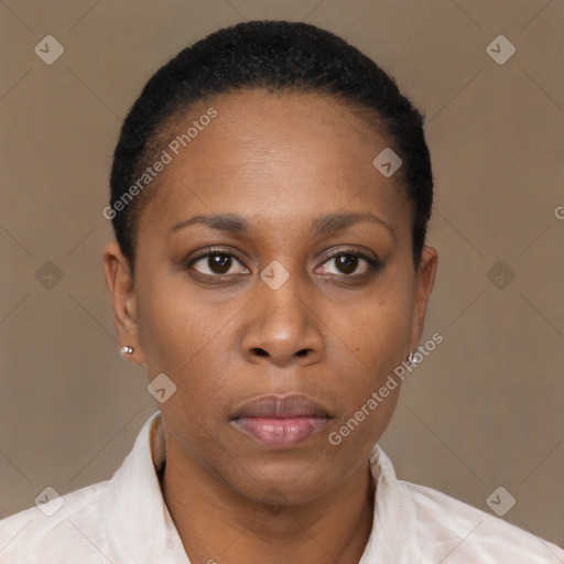 Neutral black young-adult female with short  brown hair and brown eyes