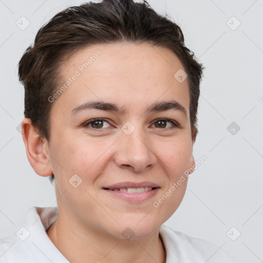 Joyful white young-adult female with short  brown hair and brown eyes