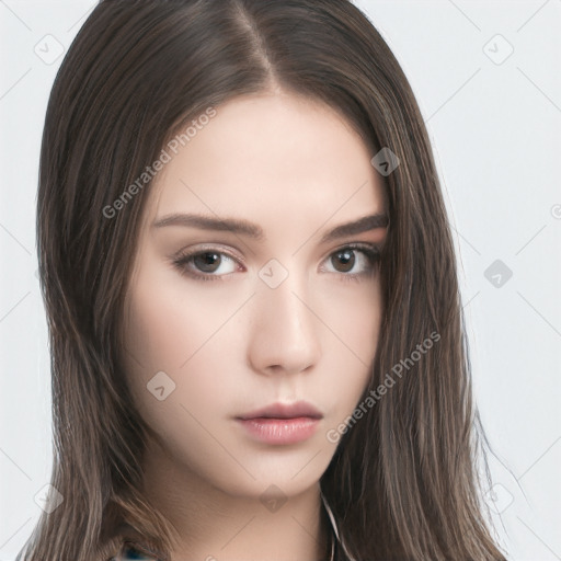 Neutral white young-adult female with long  brown hair and brown eyes