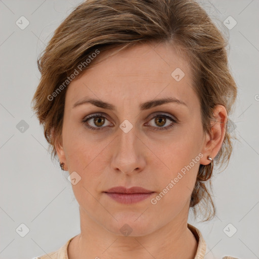 Neutral white young-adult female with medium  brown hair and brown eyes