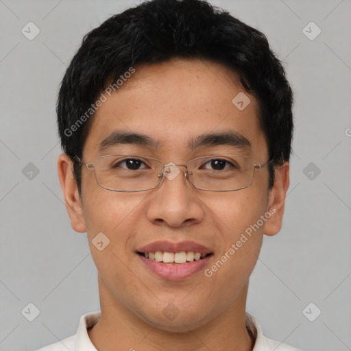 Joyful asian young-adult male with short  black hair and brown eyes