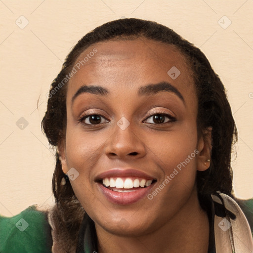 Joyful white young-adult female with long  brown hair and brown eyes