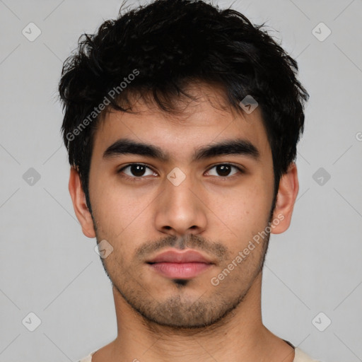 Neutral latino young-adult male with short  black hair and brown eyes