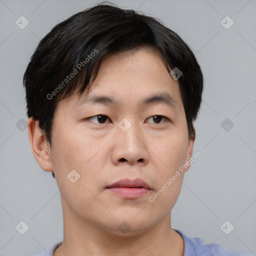 Neutral asian young-adult male with short  black hair and brown eyes