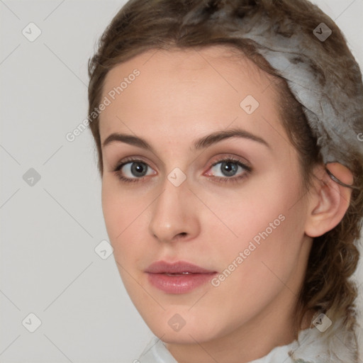 Neutral white young-adult female with medium  brown hair and grey eyes