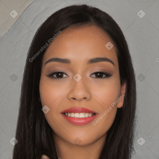 Joyful latino young-adult female with long  black hair and brown eyes