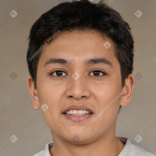 Joyful white young-adult male with short  black hair and brown eyes