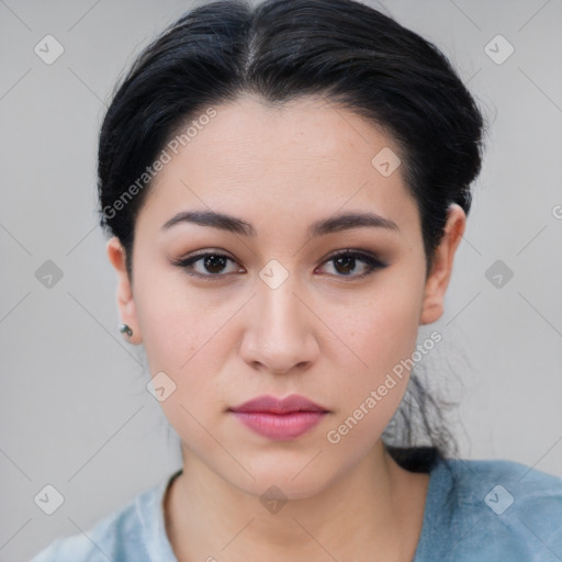 Neutral white young-adult female with medium  black hair and brown eyes