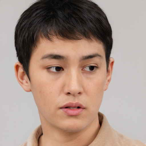 Neutral asian young-adult male with short  brown hair and brown eyes