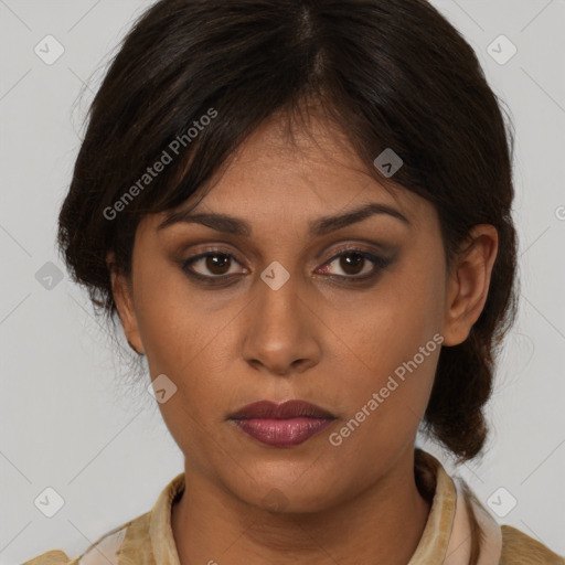 Neutral asian young-adult female with medium  brown hair and brown eyes