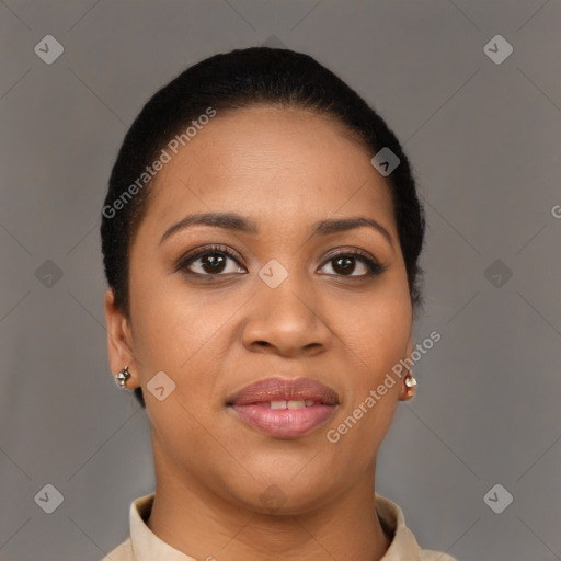 Joyful latino young-adult female with short  black hair and brown eyes