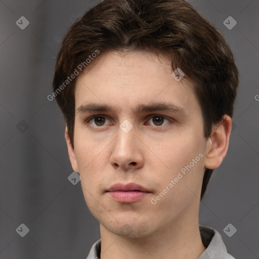 Neutral white young-adult male with short  brown hair and brown eyes