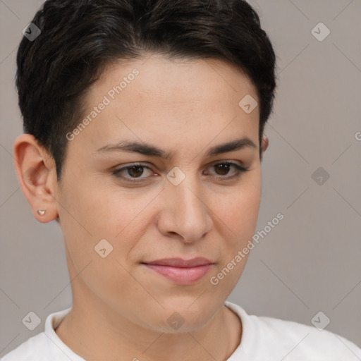 Joyful white young-adult female with short  brown hair and brown eyes