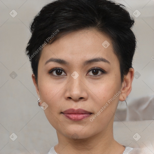 Joyful asian young-adult female with short  brown hair and brown eyes