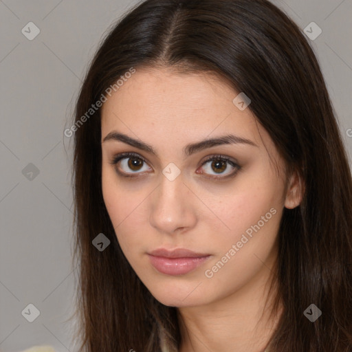 Neutral white young-adult female with long  brown hair and brown eyes