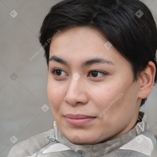 Joyful asian young-adult female with short  brown hair and brown eyes