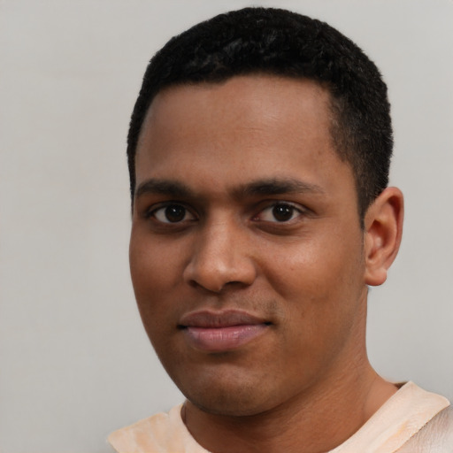 Neutral black young-adult male with short  black hair and brown eyes