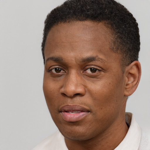 Joyful black adult male with short  brown hair and brown eyes