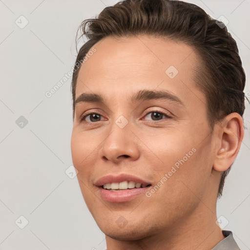 Joyful white young-adult male with short  brown hair and brown eyes