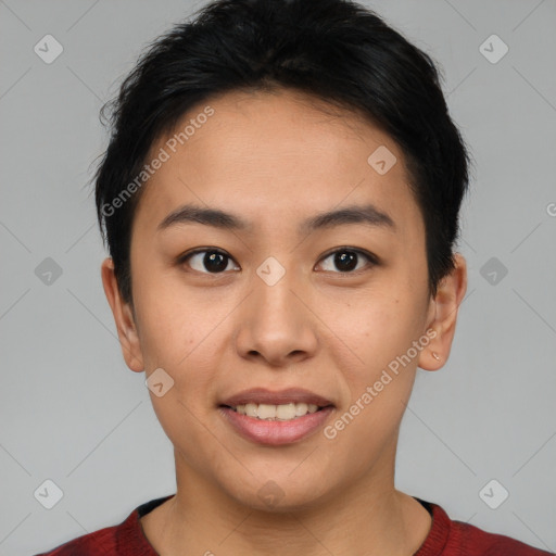 Joyful asian young-adult female with short  brown hair and brown eyes