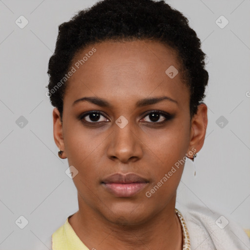 Neutral black young-adult female with short  black hair and brown eyes