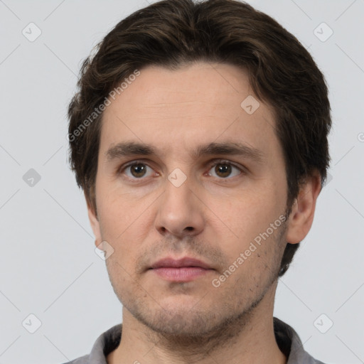 Neutral white adult male with short  brown hair and brown eyes