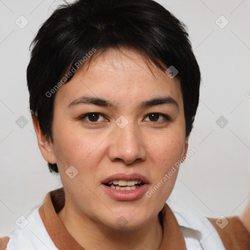 Joyful white young-adult female with short  brown hair and brown eyes