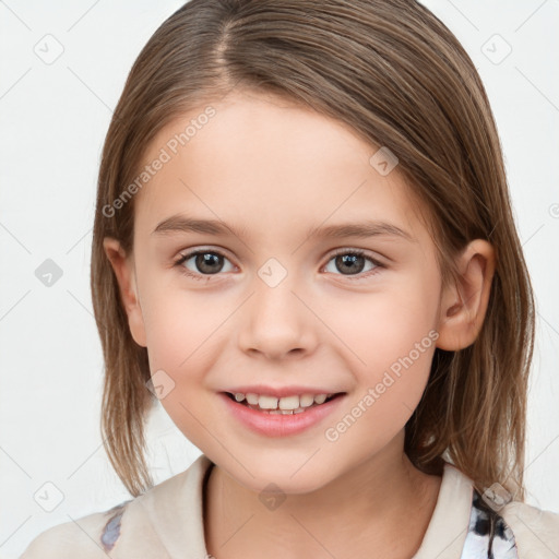 Joyful white child female with medium  brown hair and brown eyes