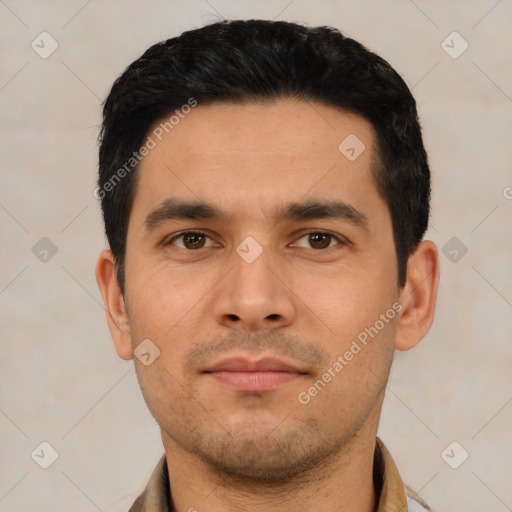 Neutral asian young-adult male with short  black hair and brown eyes