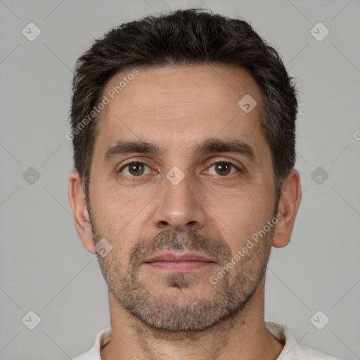 Neutral white adult male with short  brown hair and brown eyes